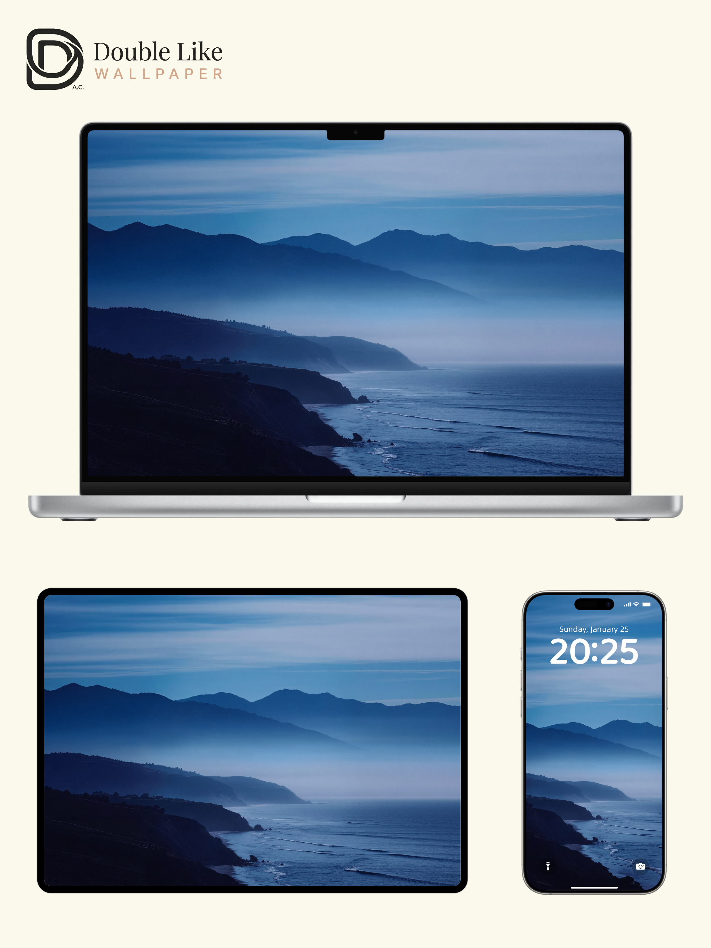 Misty Coastal Mountains & Blue Ocean Horizon Nature Aesthetic Wallpaper Pack [#JJ230907]