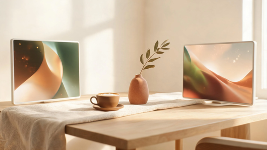 Aesthetic couple wallpaper in romantic digital art style, warm ivory background, earthy tones, cozy lifestyle scene with matching screens creating emotional long distance connection [9268263157909]