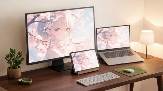 Anime wallpaper 4K aesthetic scene on phone and laptop screens with dreamy soft lighting, warm ivory background and emotional digital atmosphere