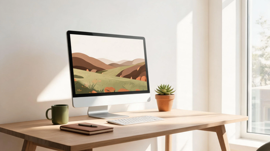 Minimal aesthetic workspace with fresh mood wallpaper hd 4k tones, soft ivory light and earth colors creating calm digital atmosphere