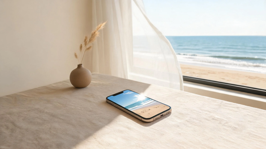 Minimal coastal desk scene with beach aesthetic wallpaper on phone, soft light tones, calming ocean mood, 4K beach wallpaper aesthetic style [9268008452245]