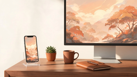 Cool wallpapers 4K aesthetic setup with iPhone and PC on warm ivory desk, modern anime-inspired digital mood scene [9268012744853]
