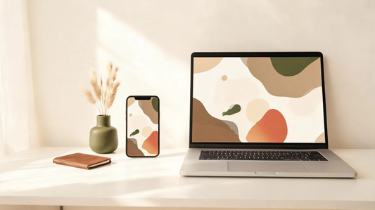 Elegant wallpaper aesthetic 4K design on warm ivory desk setup with iPhone and laptop creating a soft luxury digital mood [9242791608469]