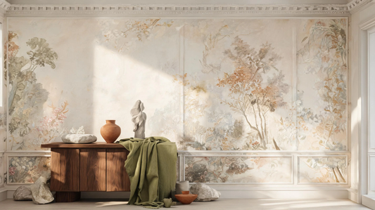 Wallpaper that looks like a painting featuring artistic wall textures, oil painting details, and an elegant interior atmosphere. [9283319726229]