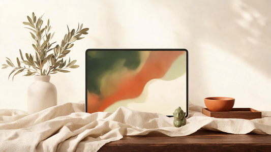 Luxury still life showing soothing wallpaper for phone inspiration with warm ivory background, earthy textures, soft natural light, and calming aesthetic details [9283318579349]