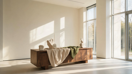 Elegant atmospheric interior scene with warm ivory tones, earthy textures, and soft natural light creating a premium aesthetic wallpaper atmosphere. [9239099244693]