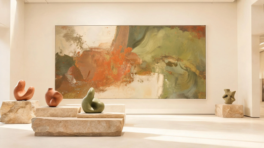 Elegant abstract art wallpaper composition with earthy tones, warm ivory background, and gallery-inspired textures for a refined digital aesthetic [9272964317333]