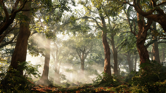 Green tree wallpaper HD featuring a peaceful forest landscape with soft natural light, deep green tones, and an elegant calming atmosphere. [9275526873237]