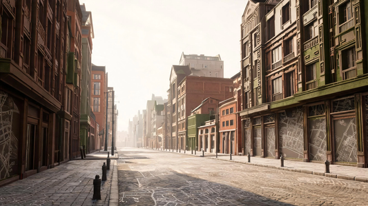 A cinematic city street wallpaper HD scene with architectural lines, warm earth tones, and atmospheric urban lighting on an ivory background [9242791641237]