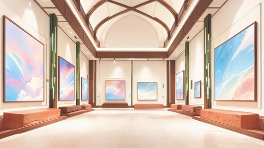 Dreamy aesthetic anime wallpaper 4K inspired gallery scene with warm ivory background, earthy tones, and artistic fantasy atmosphere [9250818719893]