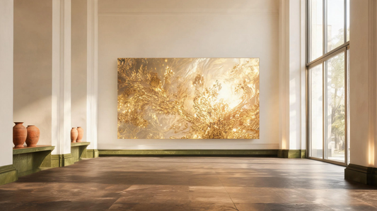 Luxury gold digital wallpaper 4K scene with elegant golden textures, warm ivory background, and artistic digital gallery atmosphere [9252784963733]