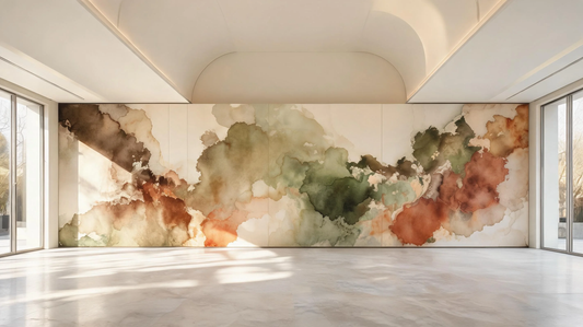 Watercolor digital wallpaper featuring soft abstract art textures in warm earth tones with an elegant ivory gallery atmosphere [9336660590741]