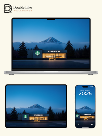 Blue Dusk Mount Fuji Starbucks Minimal Calming Japanese Aesthetic Landscape Wallpaper Pack [#LFHL30414]