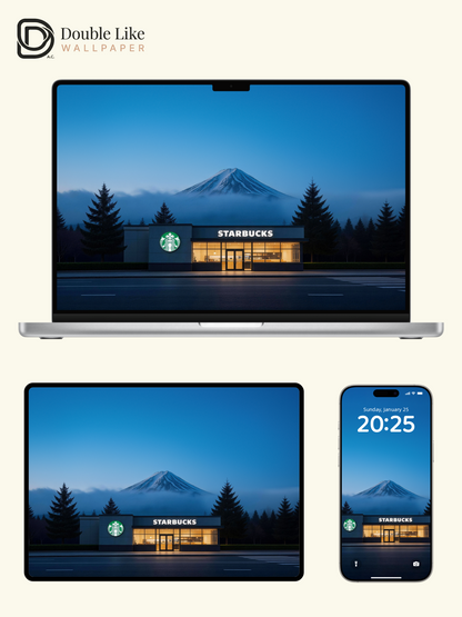 Blue Dusk Mount Fuji Starbucks Minimal Calming Japanese Aesthetic Landscape Wallpaper Pack [#LFHL30414]