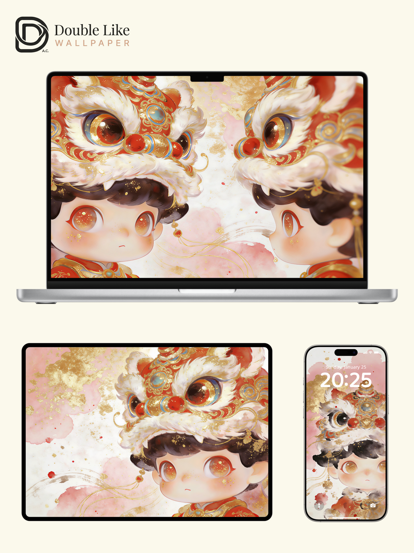 Lunar New Year Lion Dance Wallpaper – Cute Chinese New Year Kid Aesthetic Lock Screen Set [#JJ308]