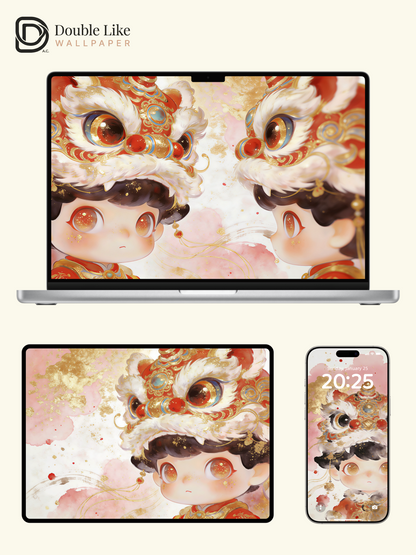 Lunar New Year Lion Dance Wallpaper – Cute Chinese New Year Kid Aesthetic Lock Screen Set [#JJ308]
