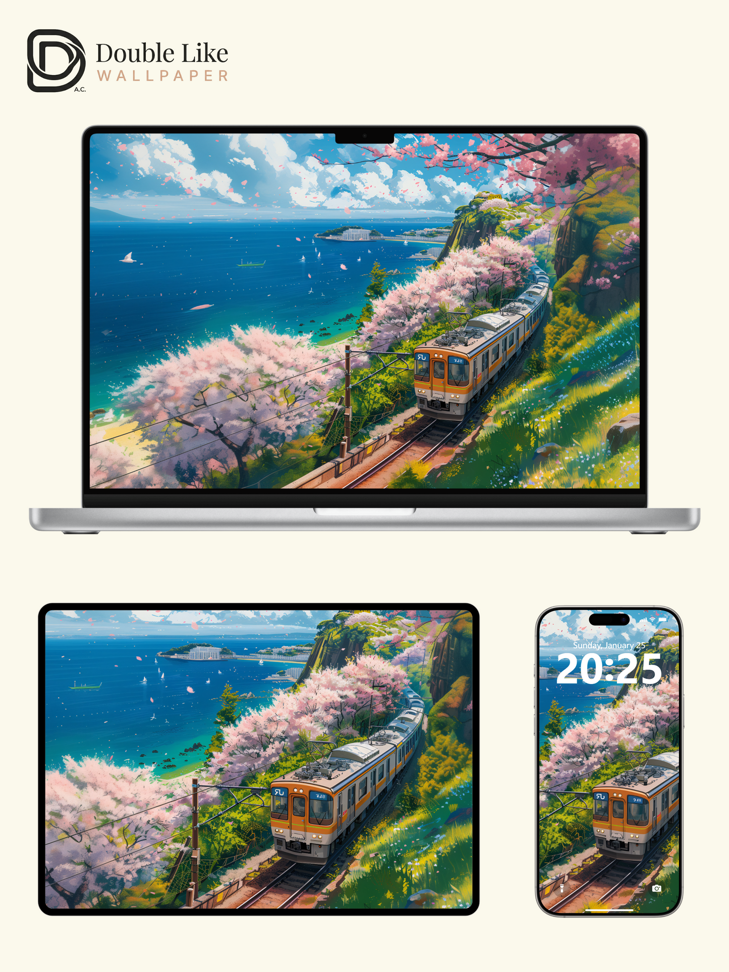 Spring Cherry Blossom Seaside Train Anime Aesthetic Wallpaper Pack [#WGF042]