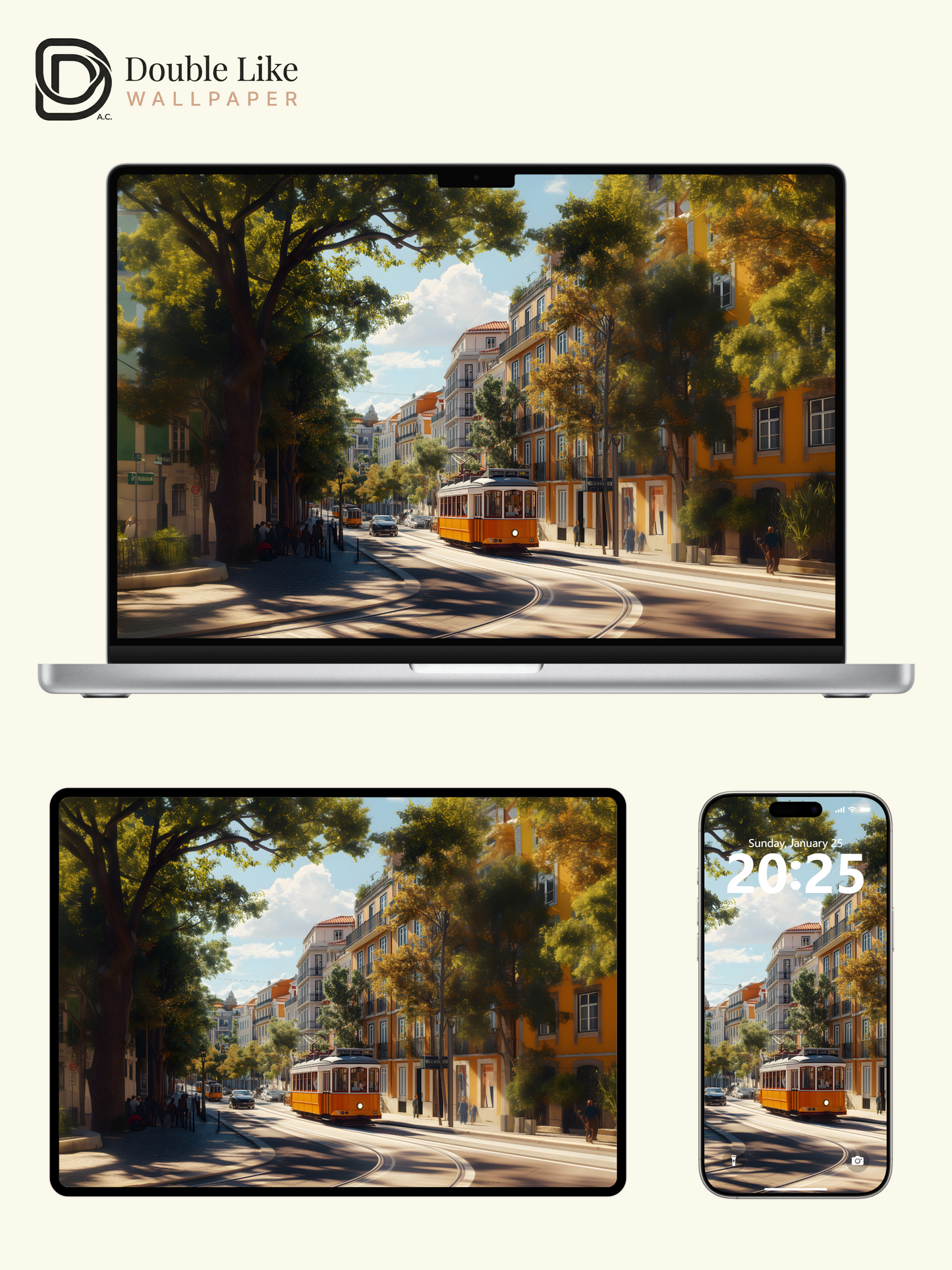 European Vintage Yellow Tram City Street Aesthetic Wallpaper Pack [#WGF118]