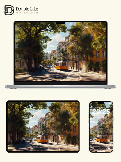 European Vintage Yellow Tram City Street Aesthetic Wallpaper Pack [#WGF118]
