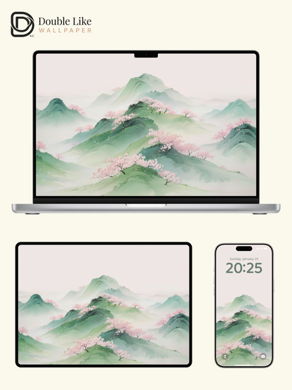 Green Mist Spring Mountains With Pink Peach Blossoms Calm Romantic Chinese Landscape Wallpaper Pack [#LFHL30421]
