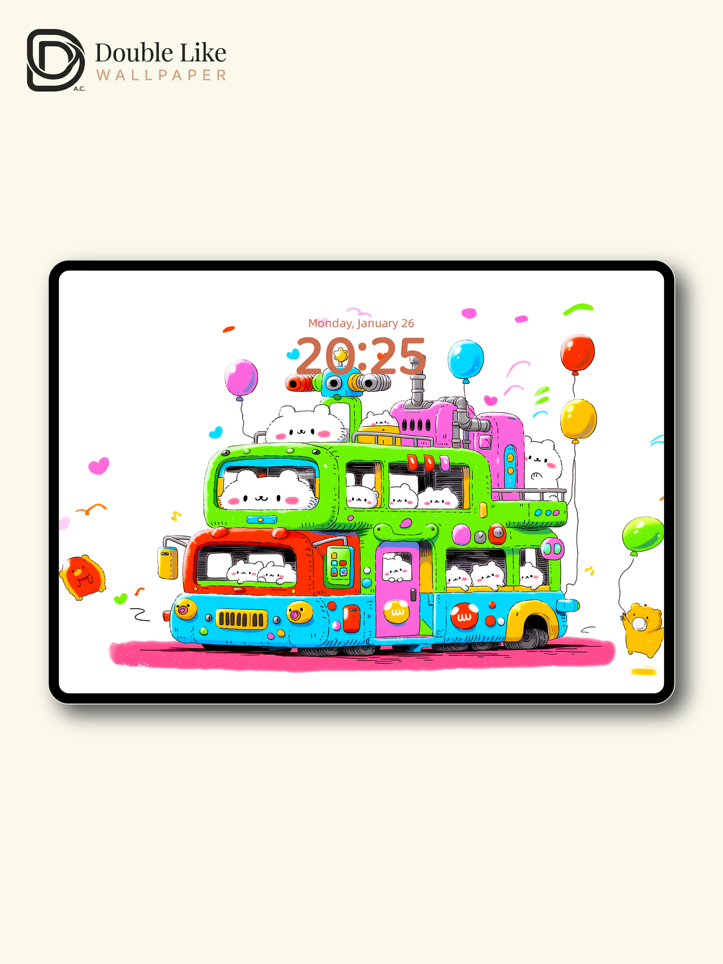 Cute Kawaii Animals Colorful Double Decker Bus Aesthetic Wallpaper Pack [#HW1504]