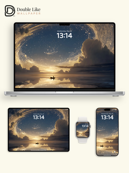 Golden Starry Sky Star Trails Ocean Digital Art Wallpaper Pack [#ZJYX0731]
