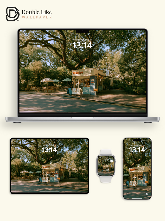Sunlit Street Kiosk & Tree Shadow Cafe Aesthetic Wallpaper Pack [#JJ1460]