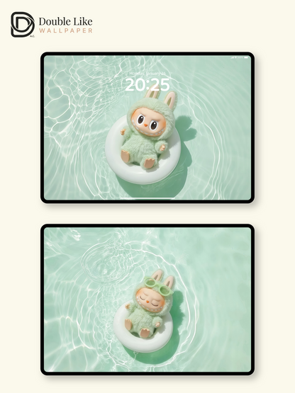 Mint Pool Bunny Summer Floating Healing Wallpaper Set [#JJ46]