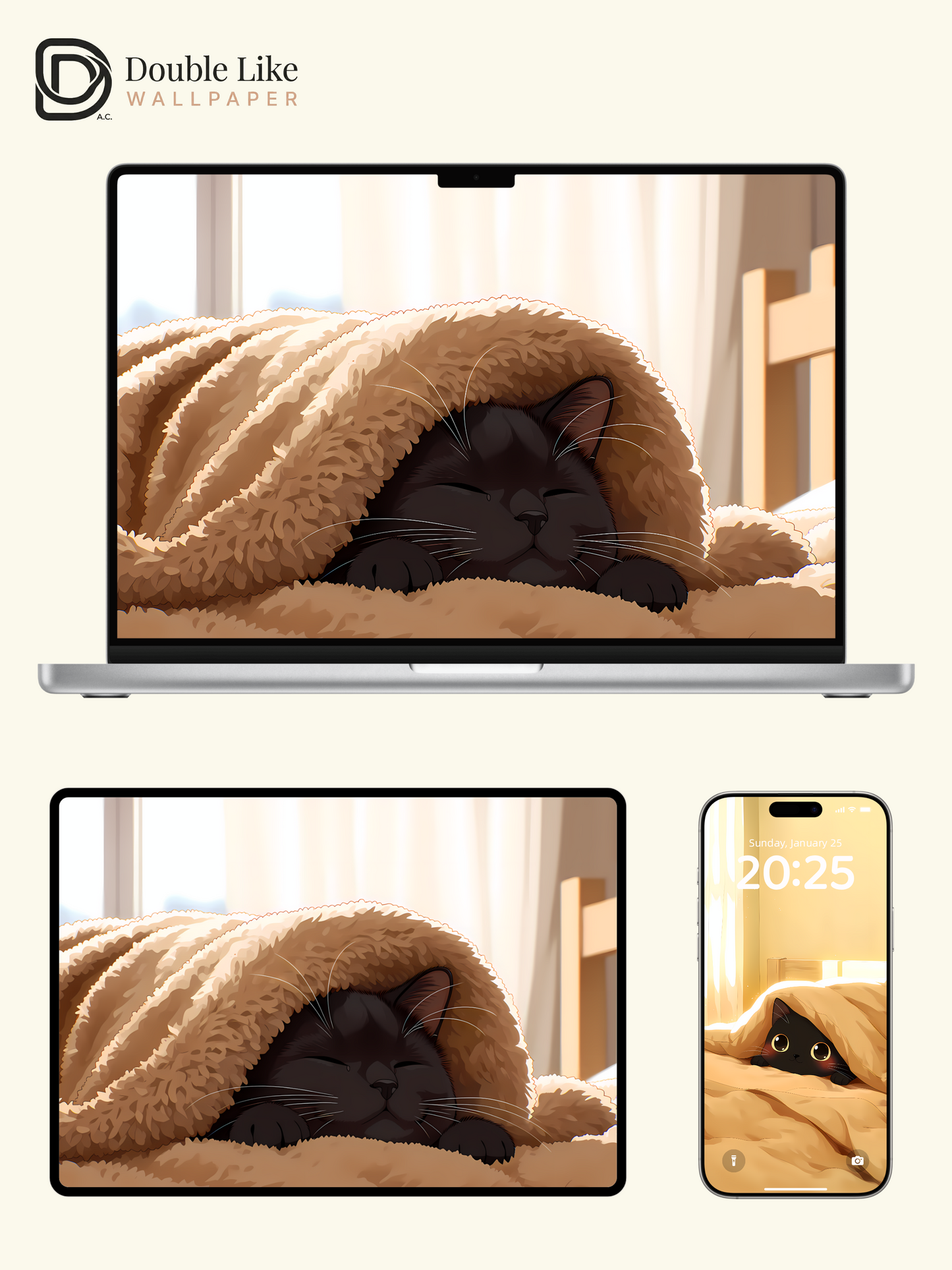 Cozy Cute Black Cat Sleeping in Blanket Anime Multi Device Wallpaper Pack [#LFHL1065]