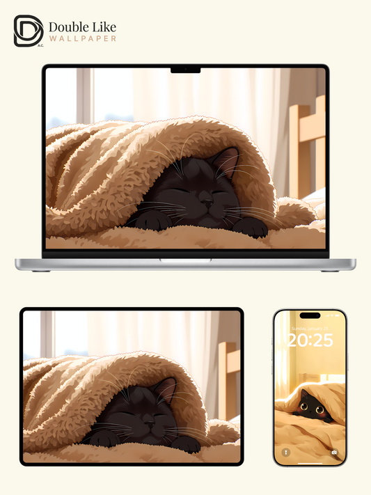 Cozy Cute Black Cat Sleeping in Blanket Anime Multi Device Wallpaper Pack [#LFHL1065]