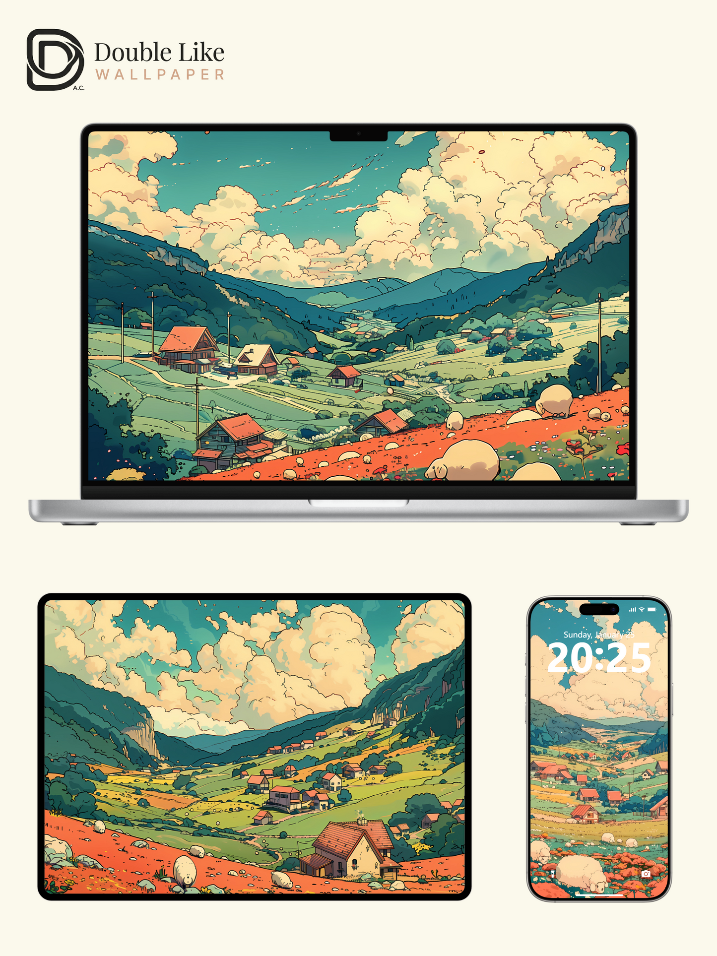 Retro Mountain Valley Village Pastoral Illustration Aesthetic Wallpaper Pack [#WGF009]