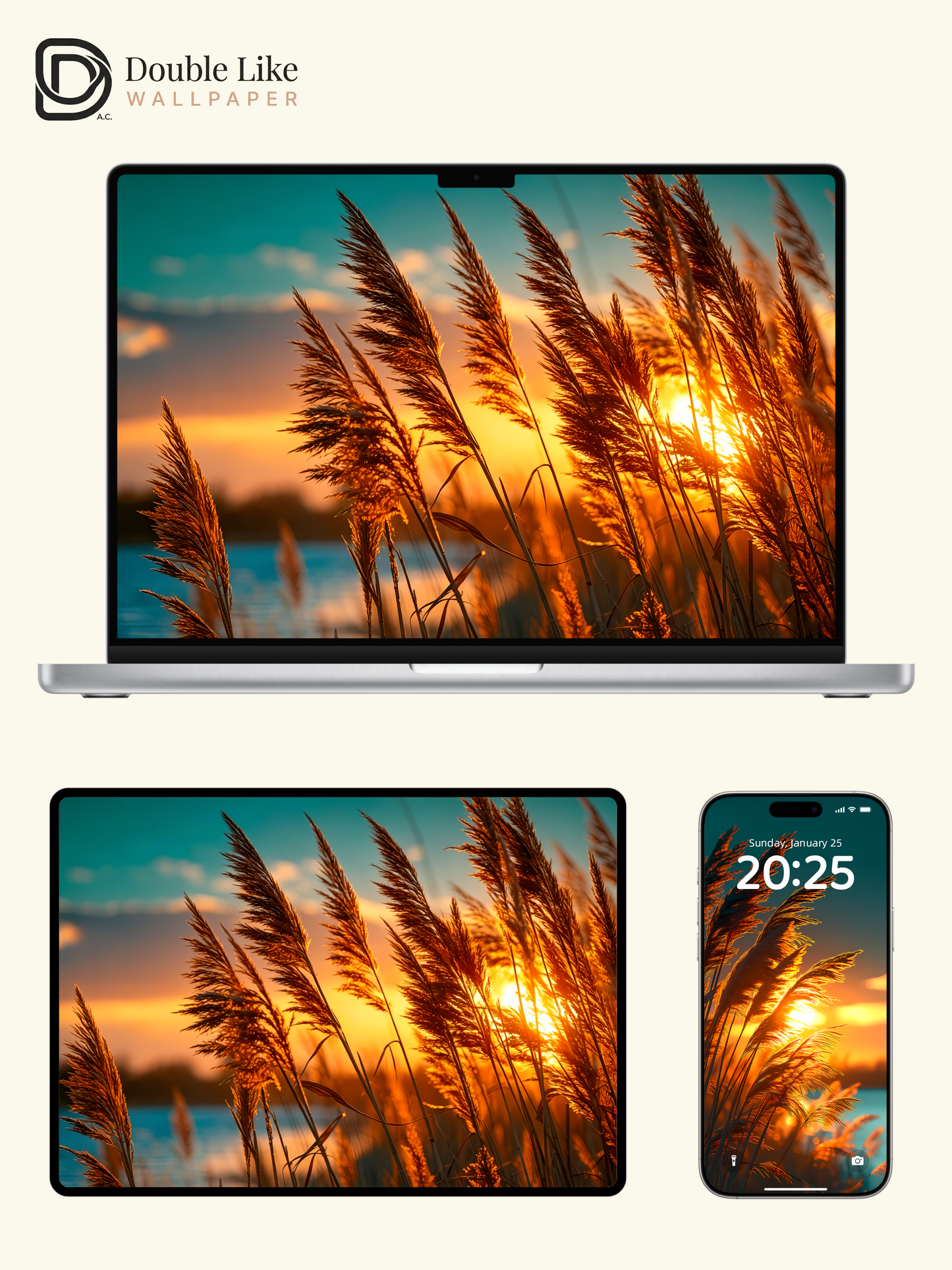 Aesthetic Reed Grass Golden Sunset Lake Landscape Digital Art Wallpaper Pack [#LFHL1027]