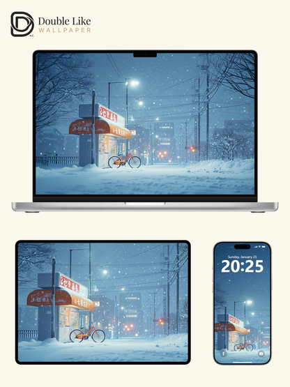 Winter Snowy Japanese Kiosk Bike Anime Cozy Aesthetic Wallpaper Pack [#WGF079]