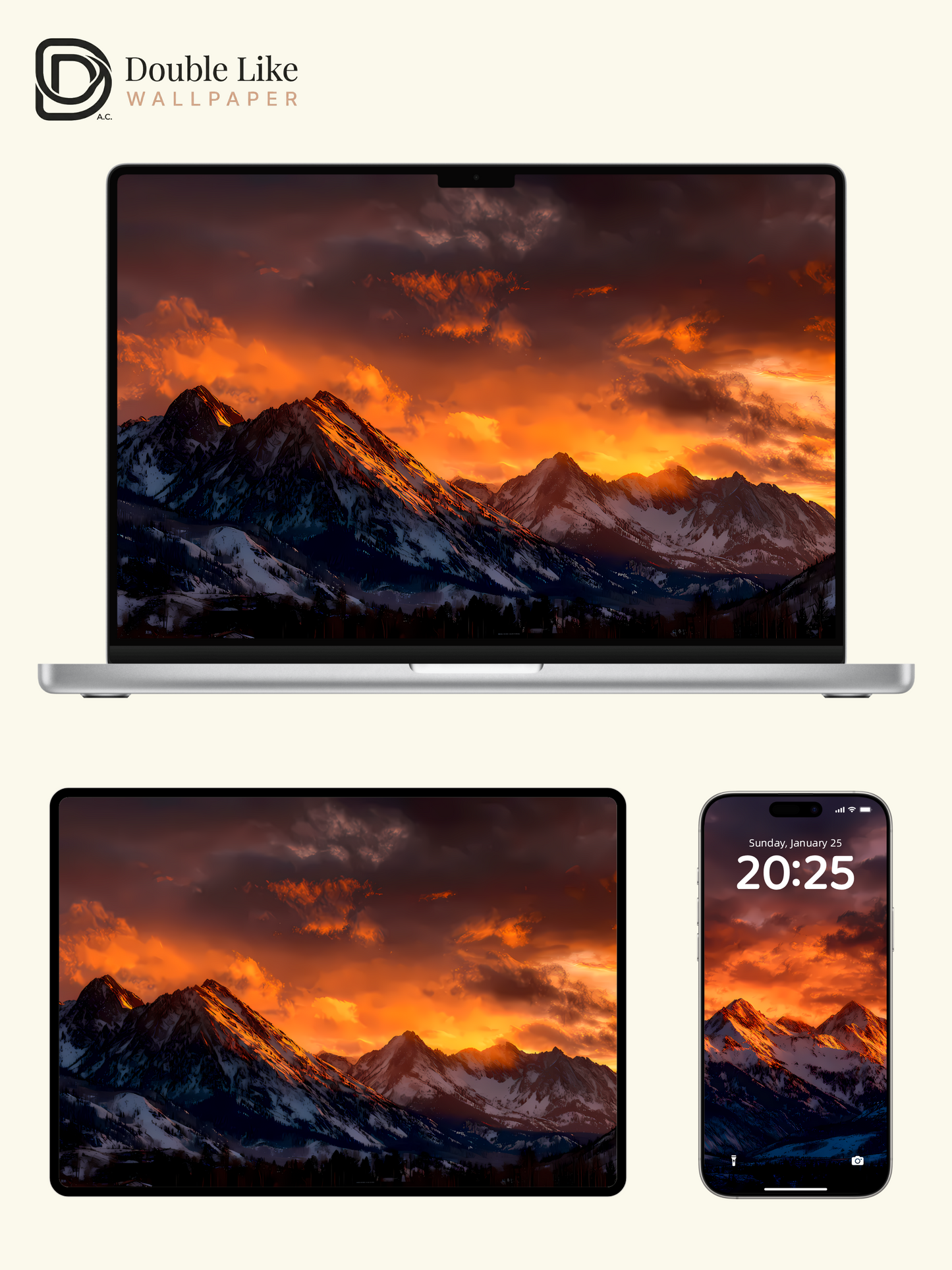 Blazing Sunset Golden Snow Mountain Healing Landscape Illustration Wallpaper Pack [#LFHL1004]