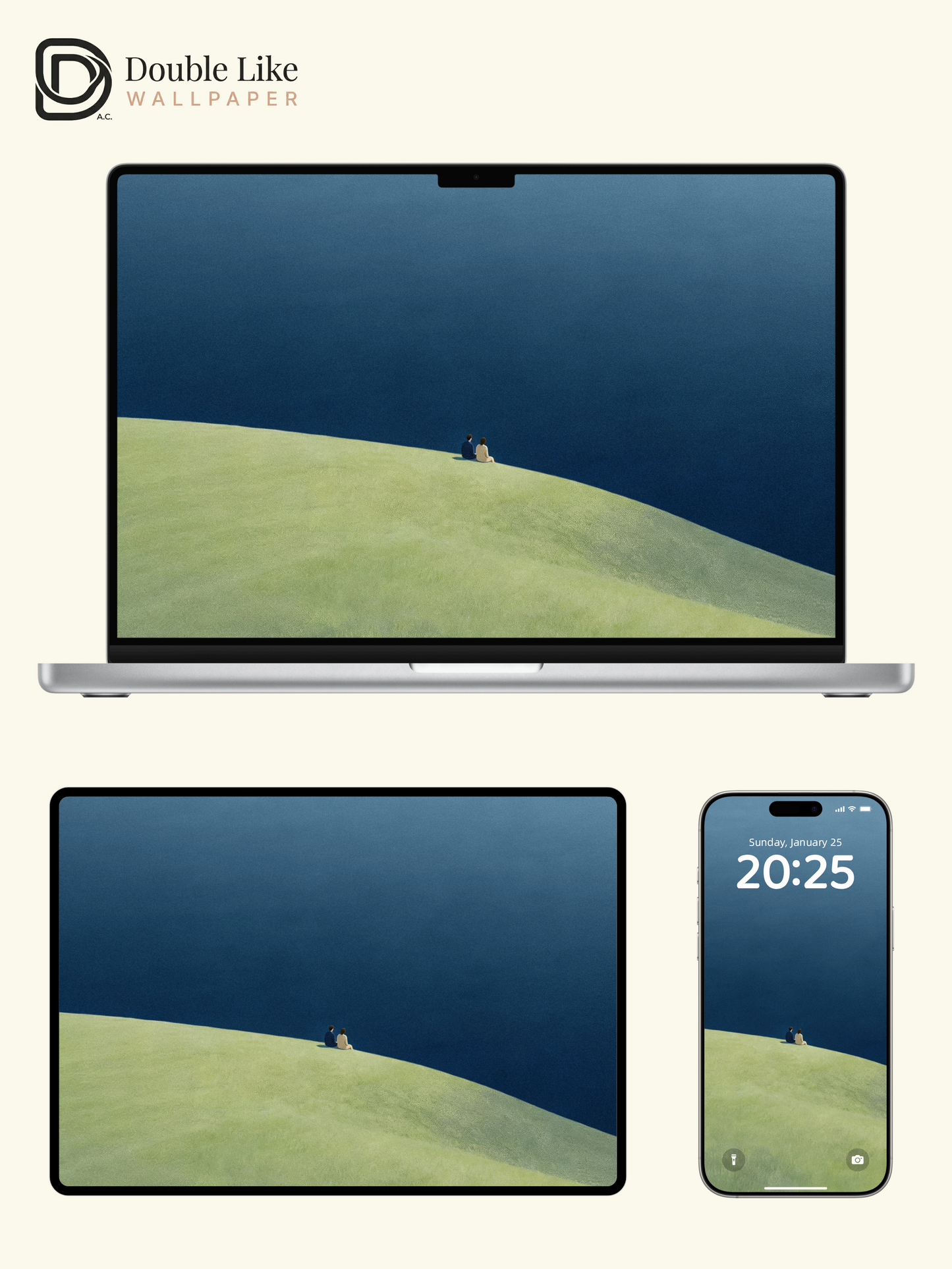 Romantic Illustration Wallpaper Pack Of Couple Sitting On Lakeside Grass Hill [#LFHL30509]