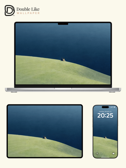 Romantic Illustration Wallpaper Pack Of Couple Sitting On Lakeside Grass Hill [#LFHL30509]
