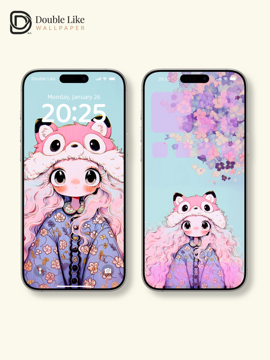 Kawaii Anime Girl Pink Fox Hat Floral Wallpaper [#HW1479]
