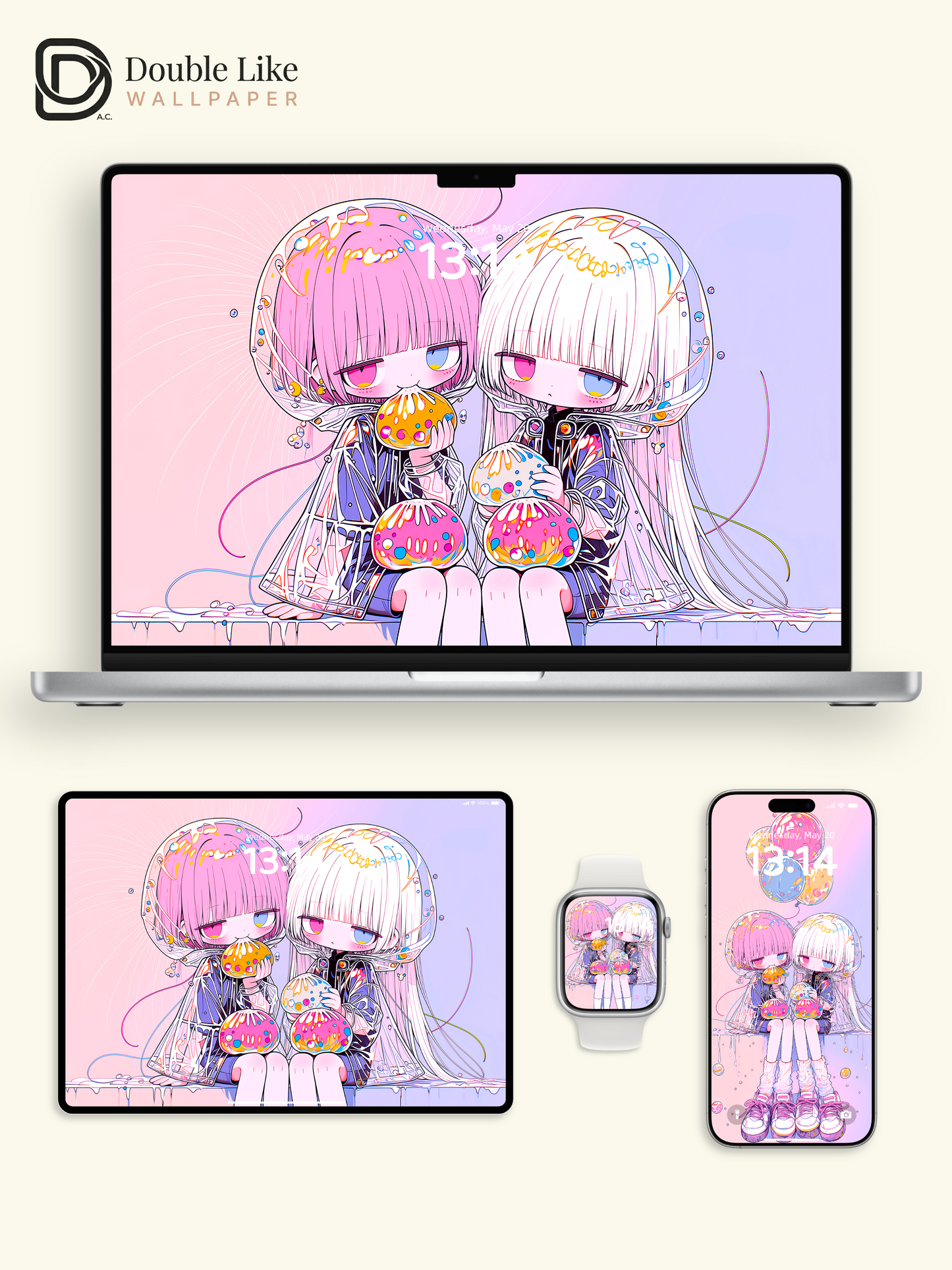 Cute Pastel Anime Twin Girls Jelly Aesthetic Wallpaper [#HW1485]