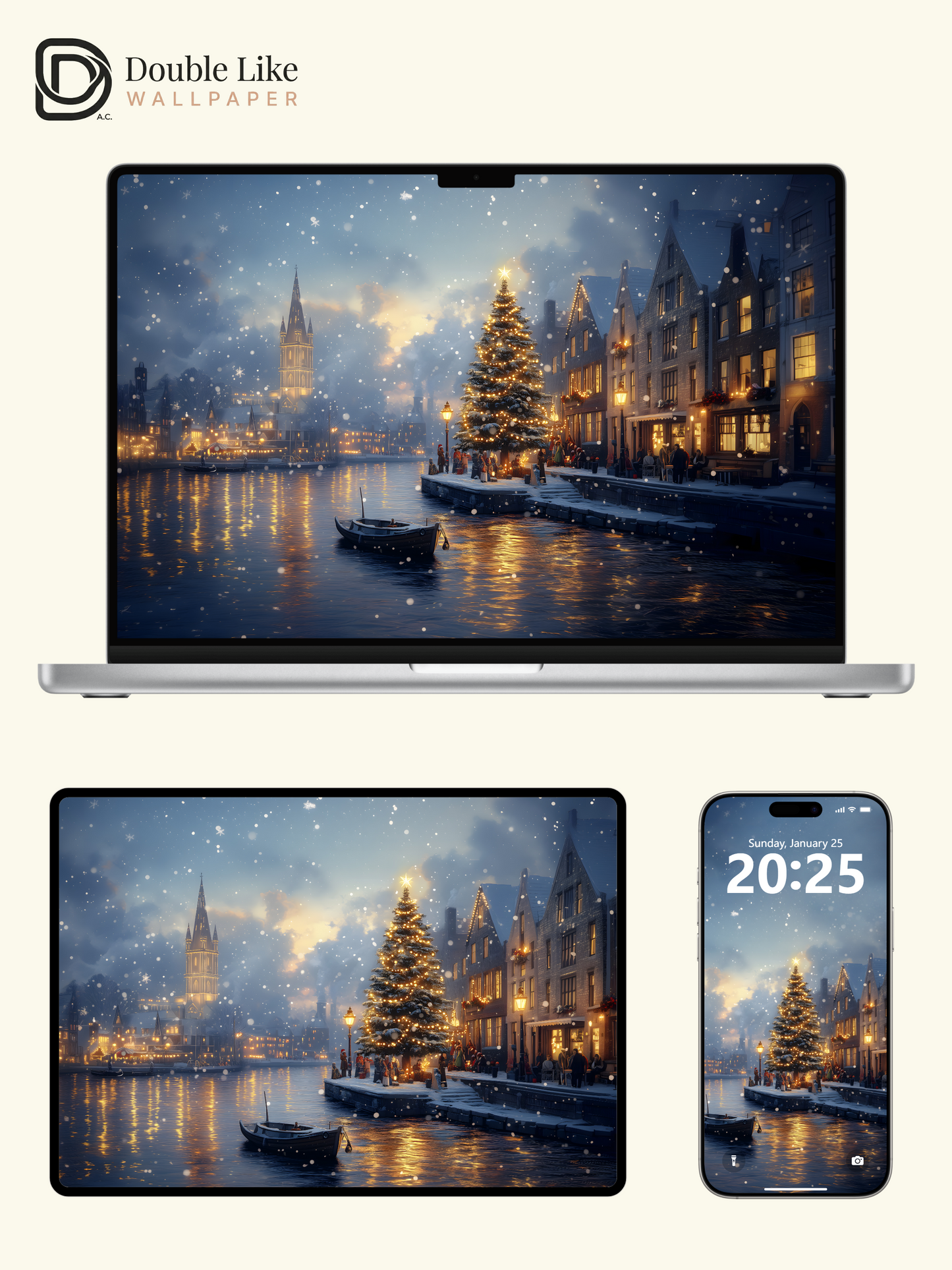 Cozy Christmas River Town Snow Illustration Aesthetic Wallpaper Pack [#WGF074]