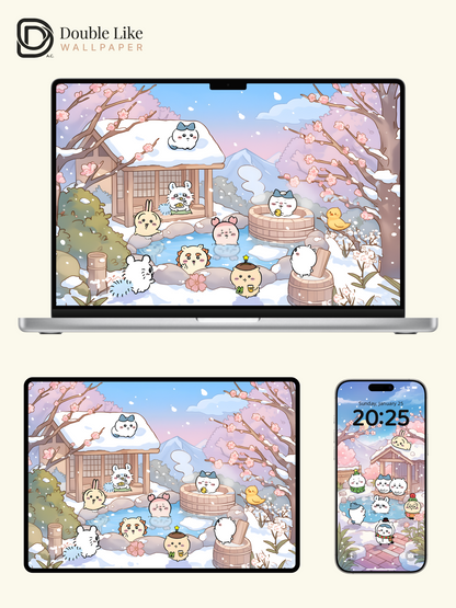 Snowy Onsen & Cherry Blossoms – Cute Animal Winter Healing Wallpaper Set (Lock Screen + Home Screen) [#CKW302]