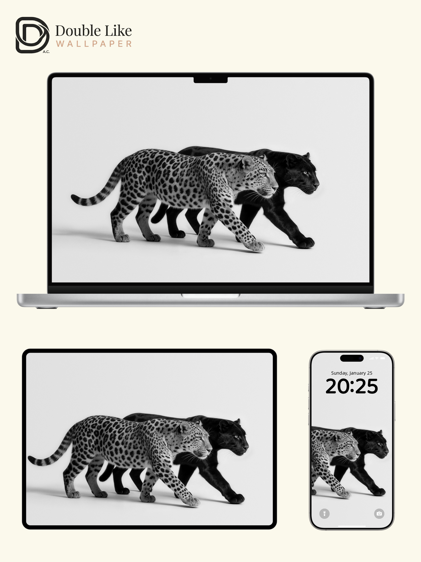 Black & White Two Leopards Minimalist Wild Motivational Wallpaper Pack [#LFHL30424]