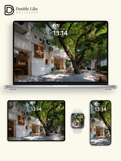 Sunlit Cafe Street Dappled Tree Shadow Aesthetic Wallpaper Pack    [#JJ1363]