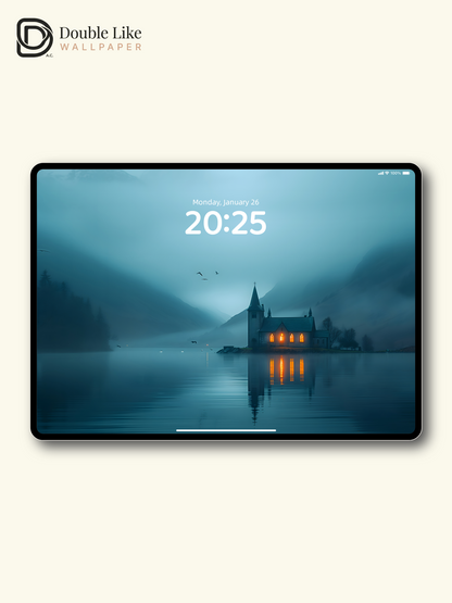 Misty Lake Church Dreamy Blue Landscape Wallpaper [#ZJYX0152]