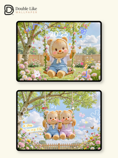 Butter Bear's Spring Swing | Cozy Healing Wallpaper Pack [#JJ145]