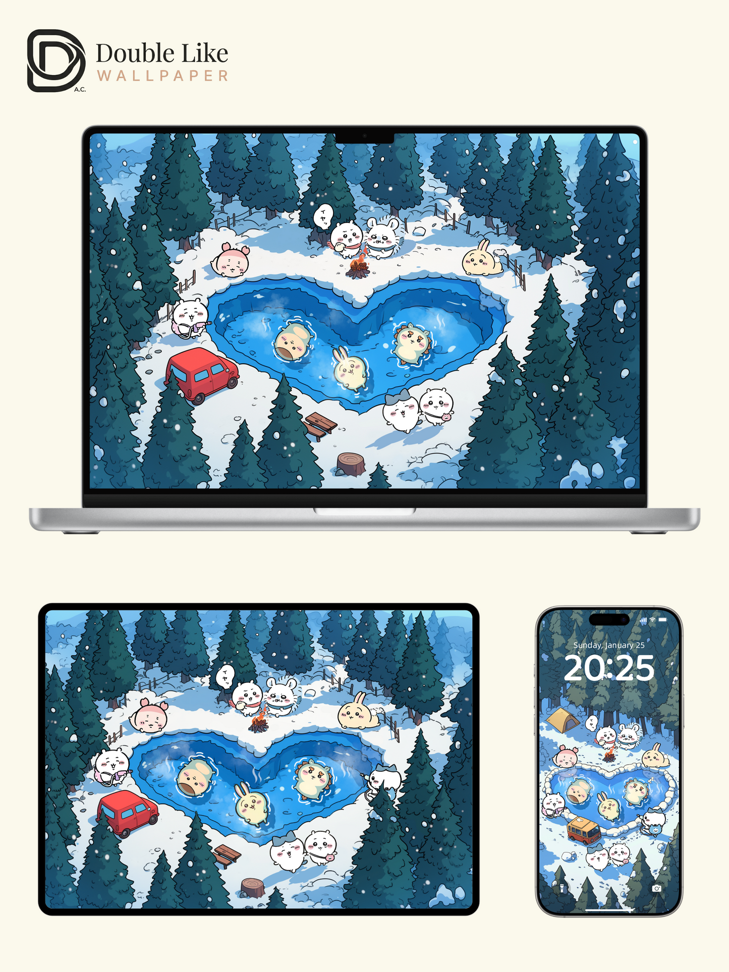 Snowy Hot Spring Camping – Cute Animal Wallpaper Set (Lock Screen + Home Screen) [#CKW275]