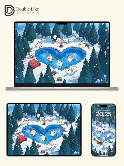 Snowy Hot Spring Camping – Cute Animal Wallpaper Set (Lock Screen + Home Screen) [#CKW275]