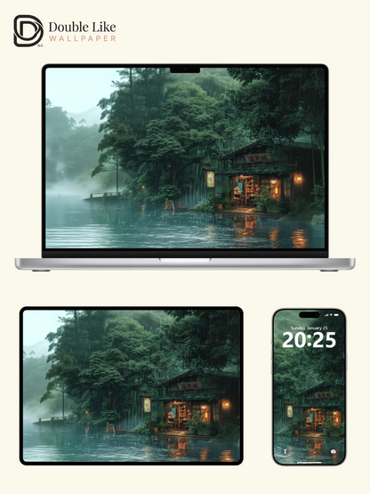 Rainy Forest Lake Wooden House Peaceful Anime Aesthetic Wallpaper Pack [#WGF028]