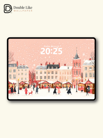 Pink Christmas Village Market Snow Illustration Aesthetic Wallpaper Pack [#WGF071]