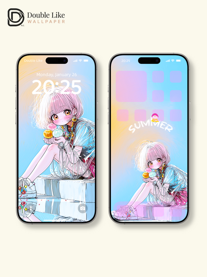Kawaii Anime Summer Girl Beach Dessert Aesthetic Wallpaper [#HW1483]
