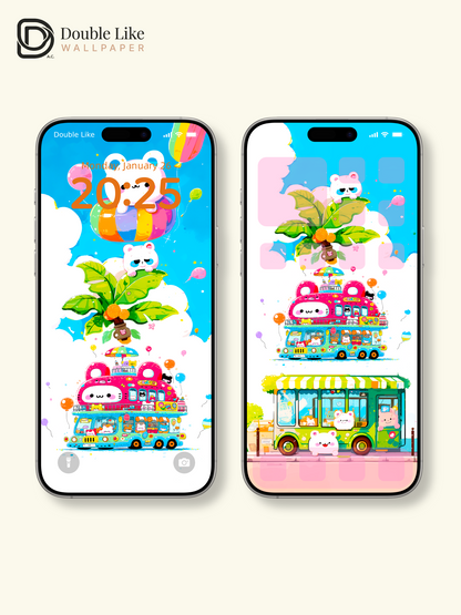 Cute Kawaii Animals Pink Bus Party Summer Aesthetic Wallpaper Pack [#HW1506]
